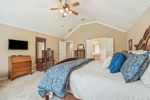bedroom featuring visible vents, a ceiling fan, vaulted ceiling, and light carpet