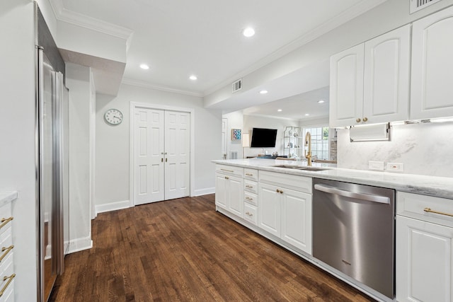 kitchen with stainless steel dishwasher, visible vents, high end fridge, dark wood-style floors, and a sink