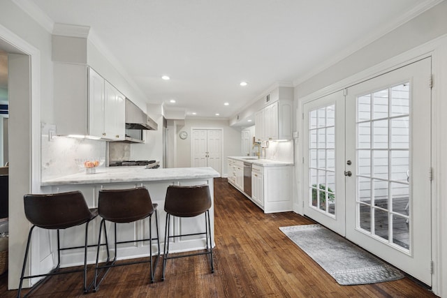 kitchen with ornamental molding, a peninsula, white cabinetry, and dark wood-style floors