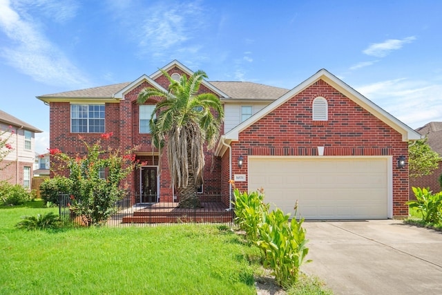 traditional home with a front lawn, driveway, a garage, and brick siding