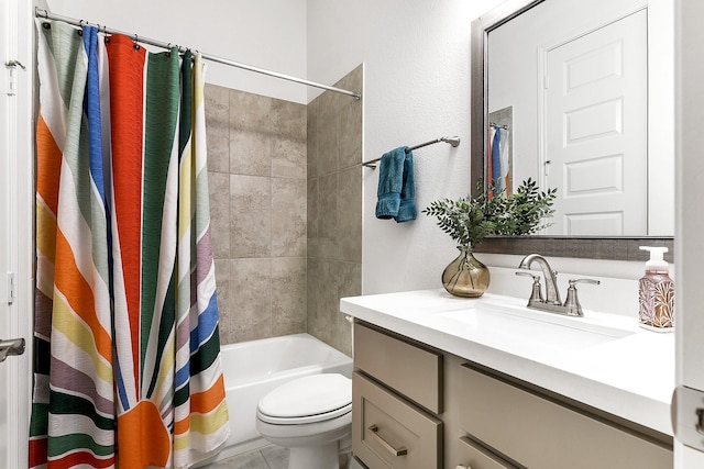 bathroom featuring toilet, shower / tub combo with curtain, and vanity