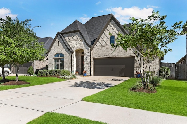 french provincial home featuring fence, concrete driveway, a front yard, and stone siding