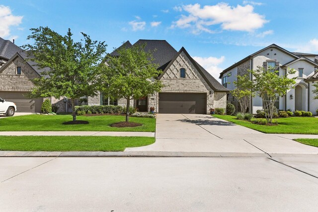 view of front of property with a garage, a front yard, concrete driveway, and stone siding