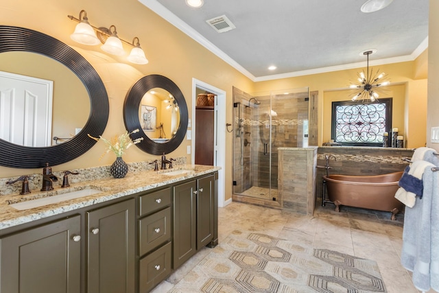 full bath with a soaking tub, visible vents, a shower stall, and a sink
