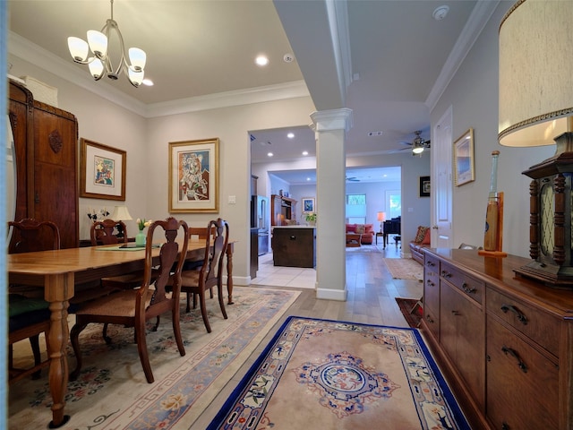 5235A Petty St, Houston, TX 77007 - dining area featuring decorative columns, light wood finished floors, ornamental molding, a chandelier, and recessed lighting