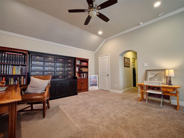 living area featuring crown molding, arched walkways, a ceiling fan, and lofted ceiling