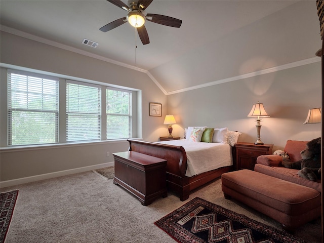 bedroom featuring visible vents, crown molding, vaulted ceiling, baseboards, and carpet