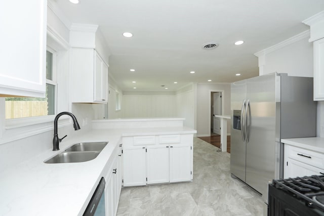 5714 Nina Lee Ln, Houston, TX 77092 - kitchen with a sink, stainless steel refrigerator with ice dispenser, white cabinetry, a peninsula, and recessed lighting