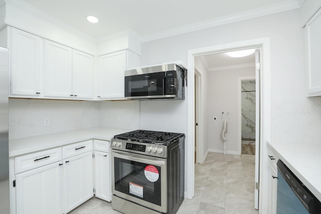 5714 Nina Lee Ln, Houston, TX 77092 - kitchen with stainless steel appliances, ornamental molding, white cabinets, light countertops, and recessed lighting