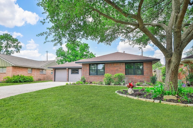 5714 Nina Lee Ln, Houston, TX 77092 - ranch-style home featuring brick siding, driveway, a front yard, a garage, and roof with shingles
