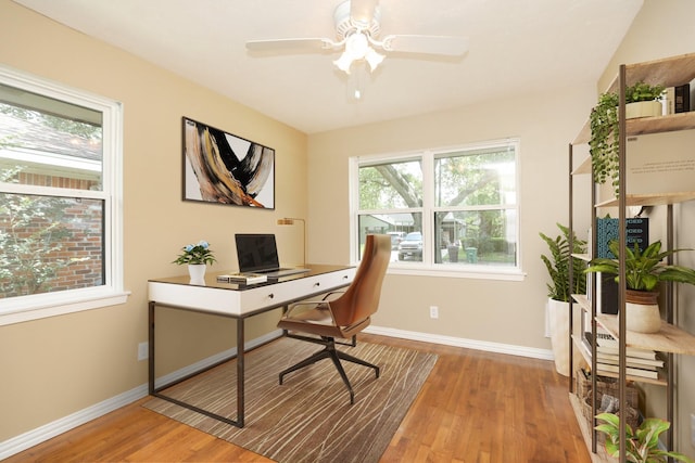 5714 Nina Lee Ln, Houston, TX 77092 - office with wood finished floors, baseboards, and a ceiling fan