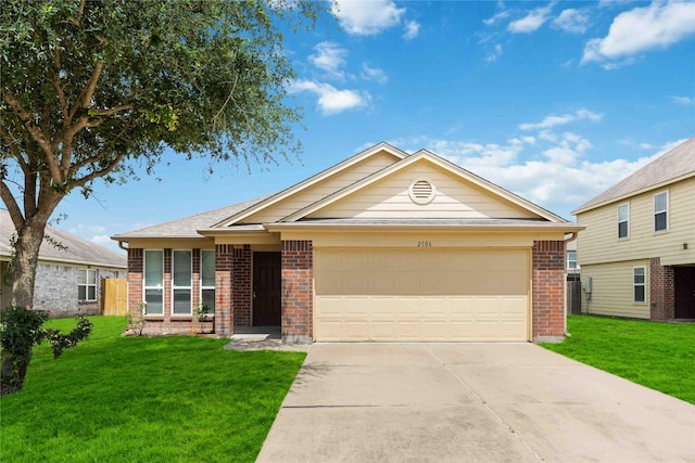 ranch-style house with a front yard, a garage, concrete driveway, and brick siding