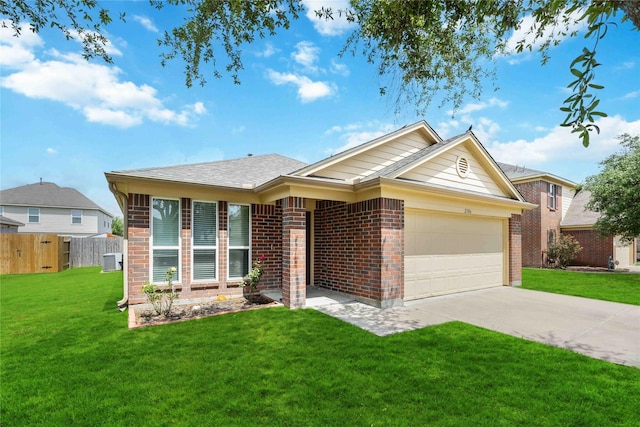 ranch-style house featuring brick siding, fence, a front yard, concrete driveway, and an attached garage