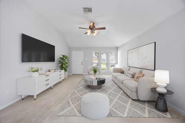 living area featuring baseboards, visible vents, ceiling fan, and lofted ceiling