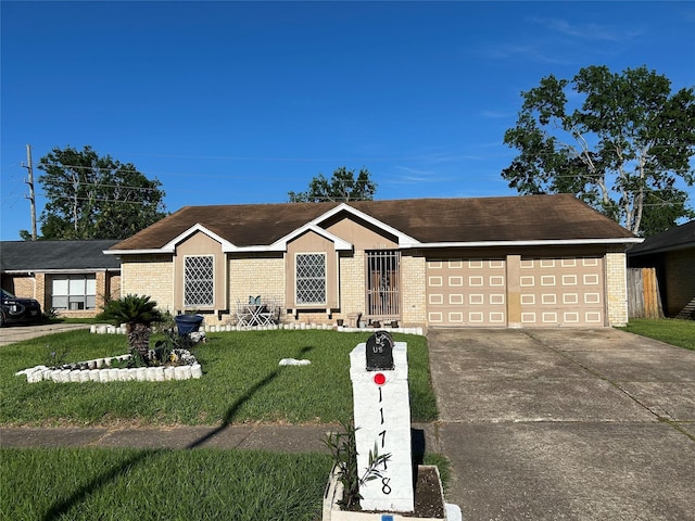 ranch-style house with concrete driveway, brick siding, a front lawn, and a garage