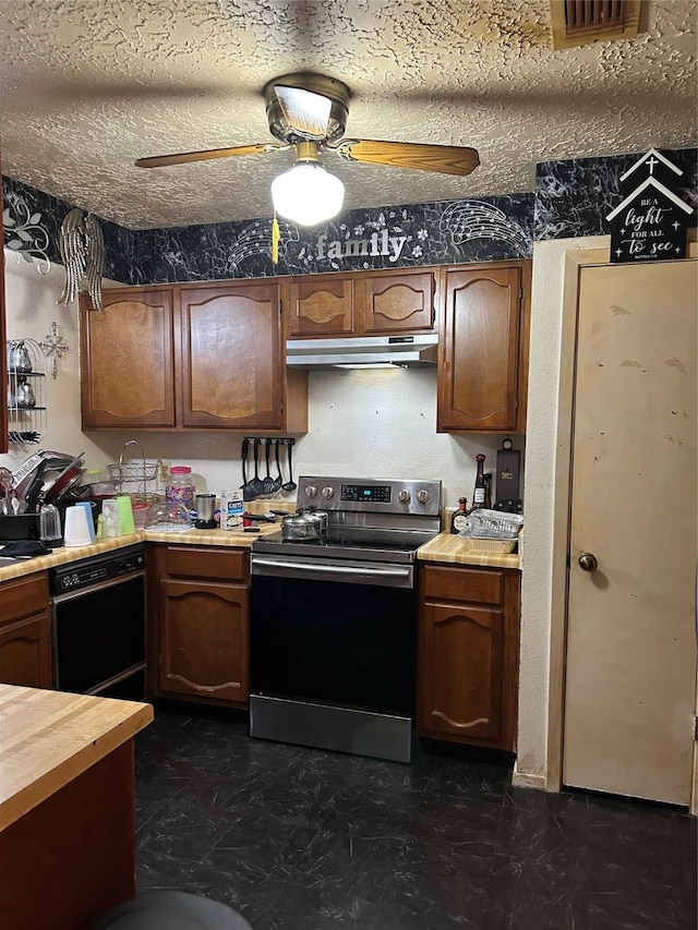 kitchen with stainless steel electric range, black dishwasher, a ceiling fan, under cabinet range hood, and visible vents