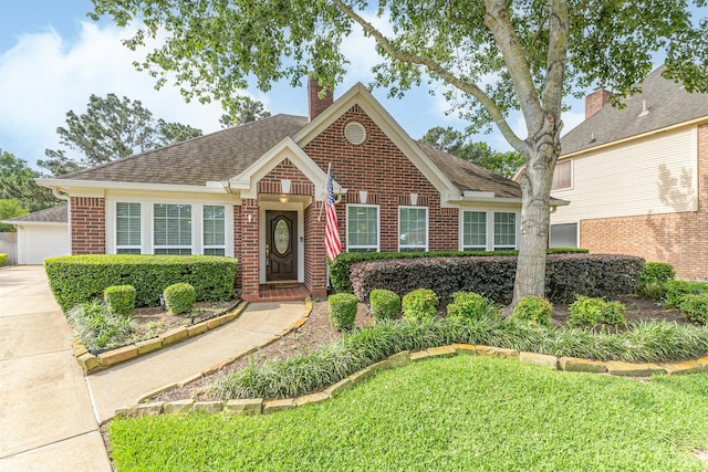 view of front of home featuring a chimney, a front yard, roof with shingles, a garage, and brick siding