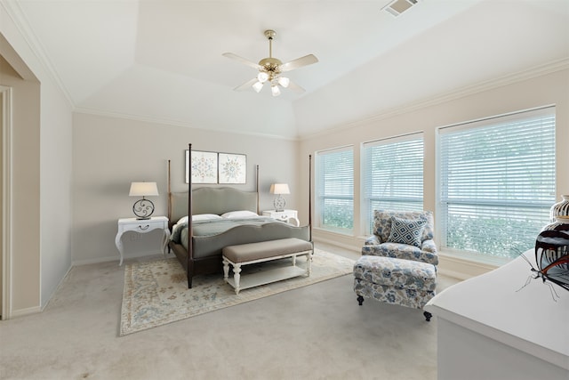 bedroom featuring light colored carpet, a ceiling fan, baseboards, visible vents, and ornamental molding