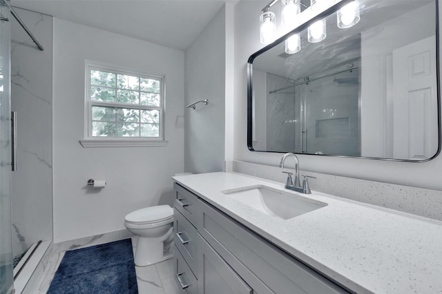bathroom with vanity, toilet, a marble finish shower, marble finish floor, and baseboards