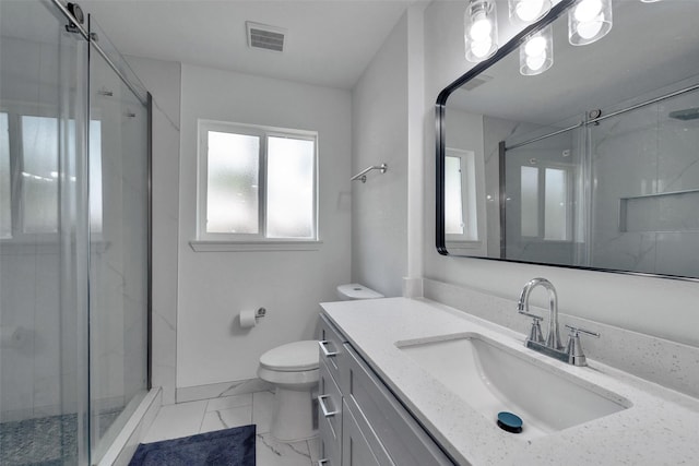 full bathroom with a shower stall, marble finish floor, and visible vents