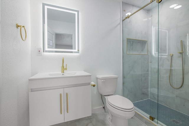 full bath with a shower stall, baseboards, toilet, vanity, and marble finish floor