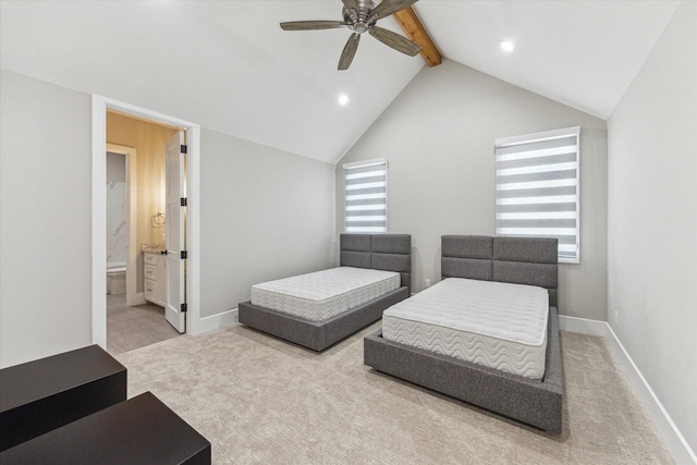 13927 Perthshire Rd, Houston, TX 77079 - carpeted bedroom with baseboards, a ceiling fan, recessed lighting, and connected bathroom