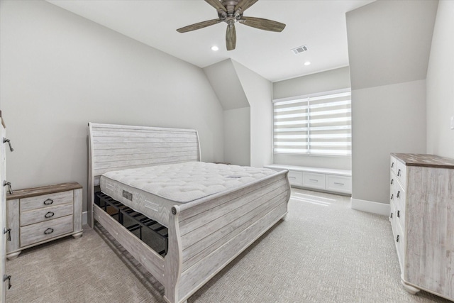 13927 Perthshire Rd, Houston, TX 77079 - bedroom with light carpet, lofted ceiling, recessed lighting, ceiling fan, and baseboards