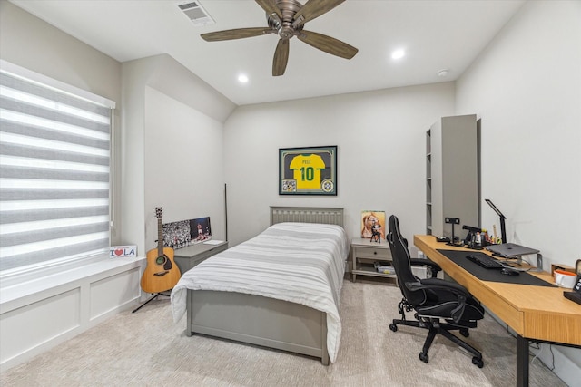 13927 Perthshire Rd, Houston, TX 77079 - bedroom featuring a desk, light colored carpet, ceiling fan, and recessed lighting