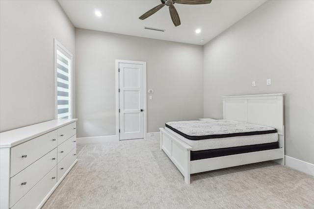 13927 Perthshire Rd, Houston, TX 77079 - bedroom with light carpet, baseboards, recessed lighting, and ceiling fan