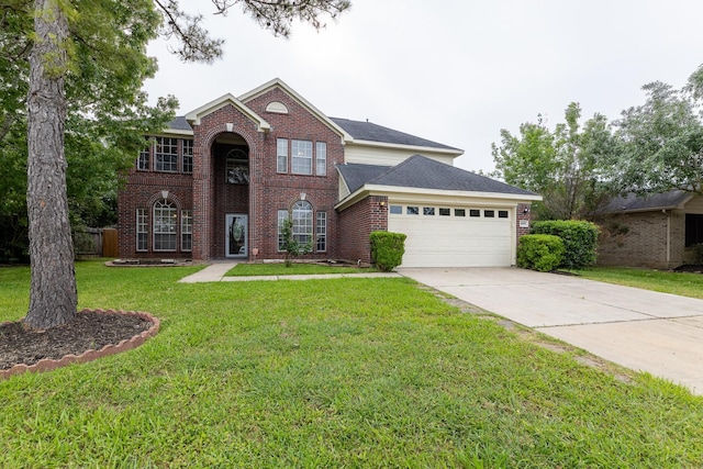 traditional-style home featuring a garage, concrete driveway, a front lawn, and brick siding