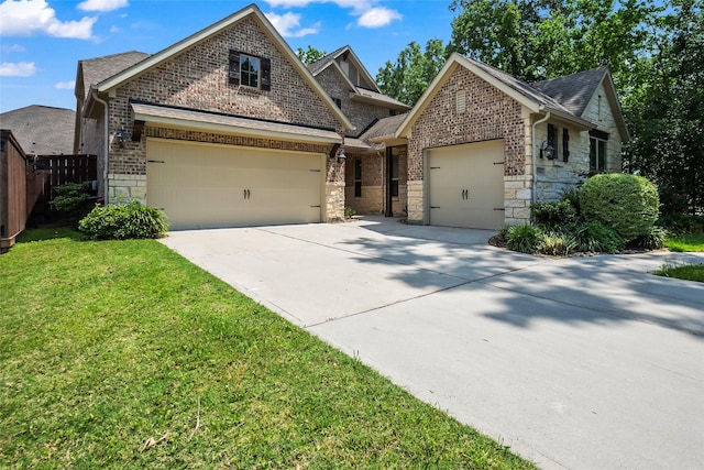 view of front of home with a front yard, concrete driveway, stone siding, and an attached garage