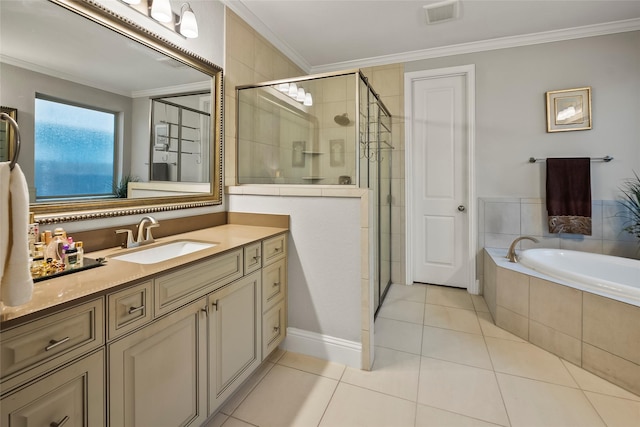 full bathroom with a shower stall, visible vents, a bath, ornamental molding, and vanity