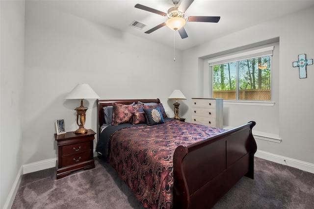 bedroom featuring visible vents, ceiling fan, carpet flooring, and baseboards