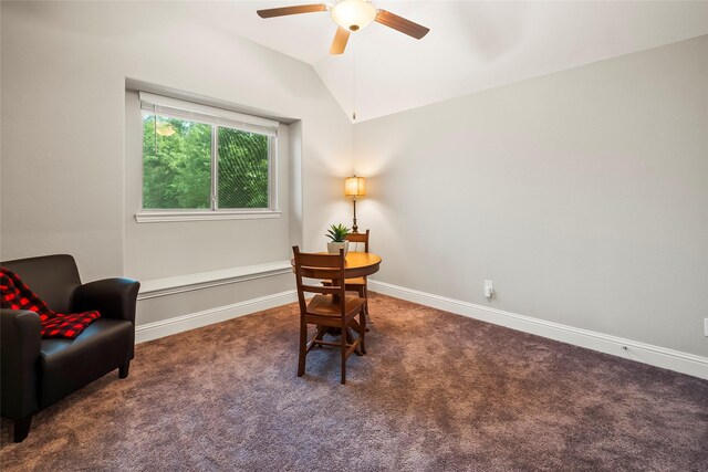 sitting room featuring lofted ceiling, ceiling fan, carpet, and baseboards