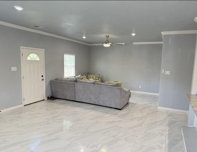 living room with visible vents, a ceiling fan, marble finish floor, and baseboards