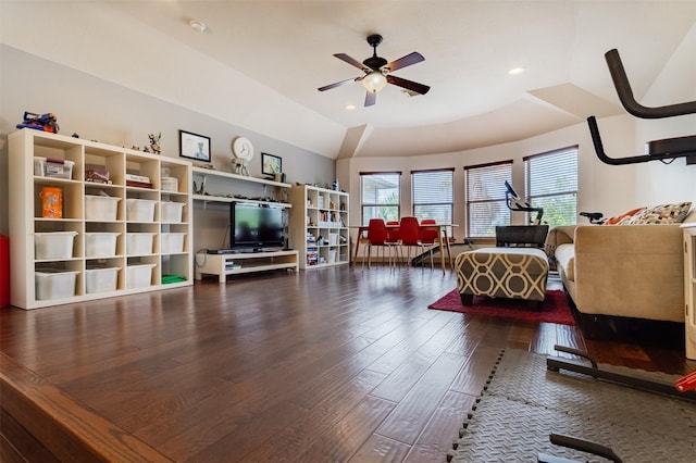 6310 Indiangrass Ct, Katy, TX 77494 - living room with wood finished floors, lofted ceiling, ceiling fan, and recessed lighting