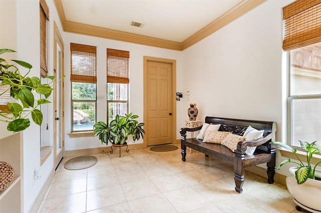 6310 Indiangrass Ct, Katy, TX 77494 - living area featuring light tile patterned floors, visible vents, baseboards, and ornamental molding