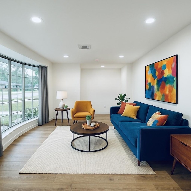 living room with wood finished floors, visible vents, recessed lighting, and baseboards
