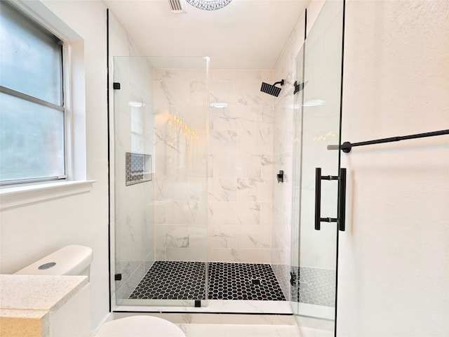 bathroom with toilet and a stall shower