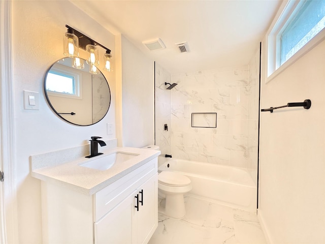 full bath featuring visible vents, toilet, plenty of natural light, and marble finish floor
