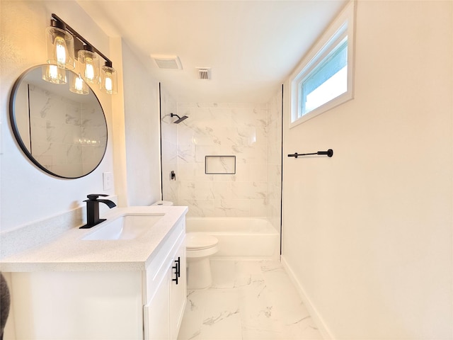 bathroom with  shower combination, marble finish floor, toilet, vanity, and visible vents