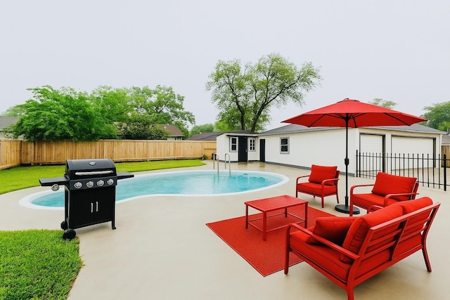 view of swimming pool with a grill, a patio area, a fenced in pool, and a fenced backyard