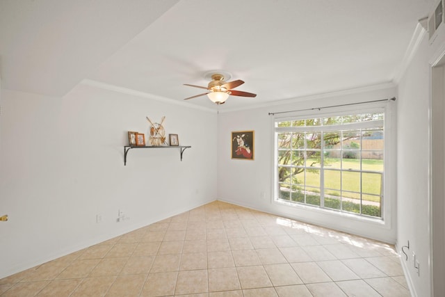 unfurnished room with crown molding, light tile patterned floors, and ceiling fan