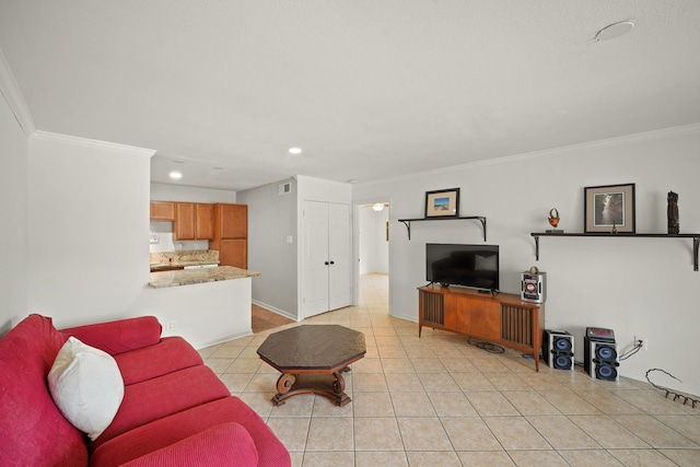living room with crown molding, visible vents, baseboards, recessed lighting, and light tile patterned floors