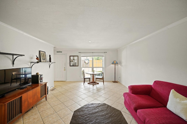 living room with crown molding, light tile patterned flooring, and baseboards