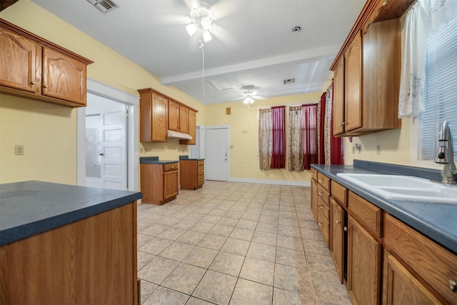 kitchen featuring brown cabinetry, a ceiling fan, visible vents, dark countertops, and a sink