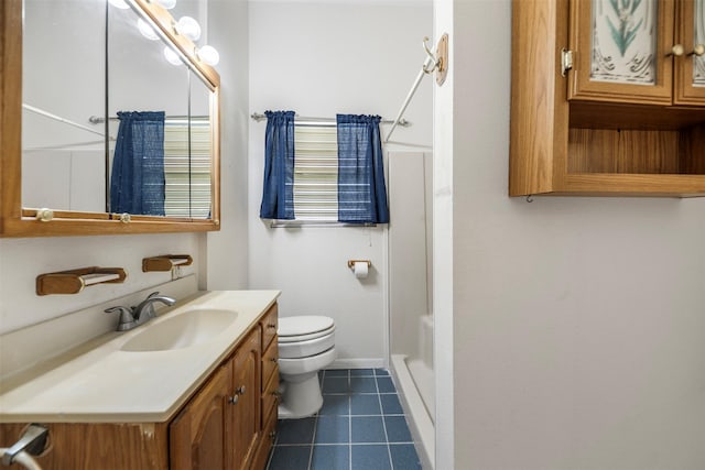 full bath featuring shower / tub combination, tile patterned flooring, vanity, toilet, and baseboards