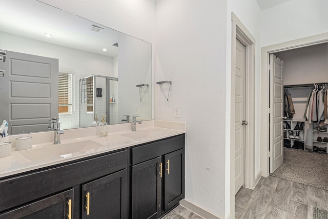 bathroom featuring a sink, a shower stall, double vanity, and a spacious closet