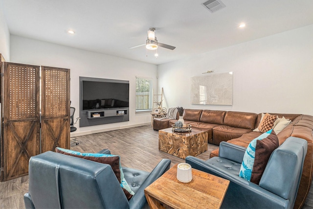 12823 Tokenhouse Ln, Houston, TX 77047 - living area with a ceiling fan, wood finished floors, recessed lighting, and baseboards
