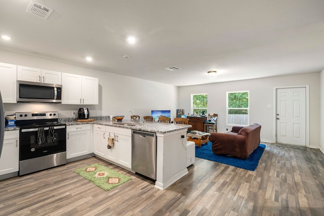 kitchen featuring stainless steel appliances, open floor plan, light wood-style flooring, and a peninsula